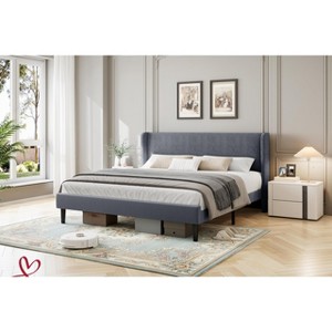 Full/King/Queen Size Bed Frame Luxurious Velvet Upholstery Platform Bed w/Wingback Headboard, Wooden Slat Support No Box Spring Need - 1 of 4