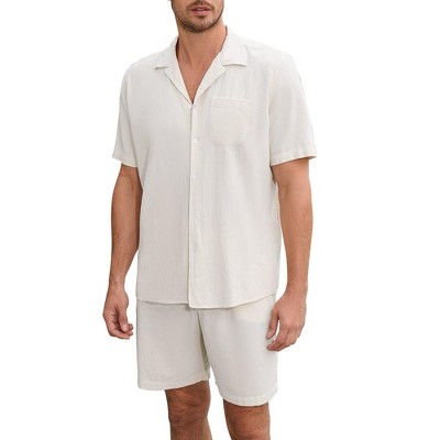Men 2 Piece Set Short Sleeve Button Down Shirt and Drawstring Short Set Casual Summer Beach Outfi