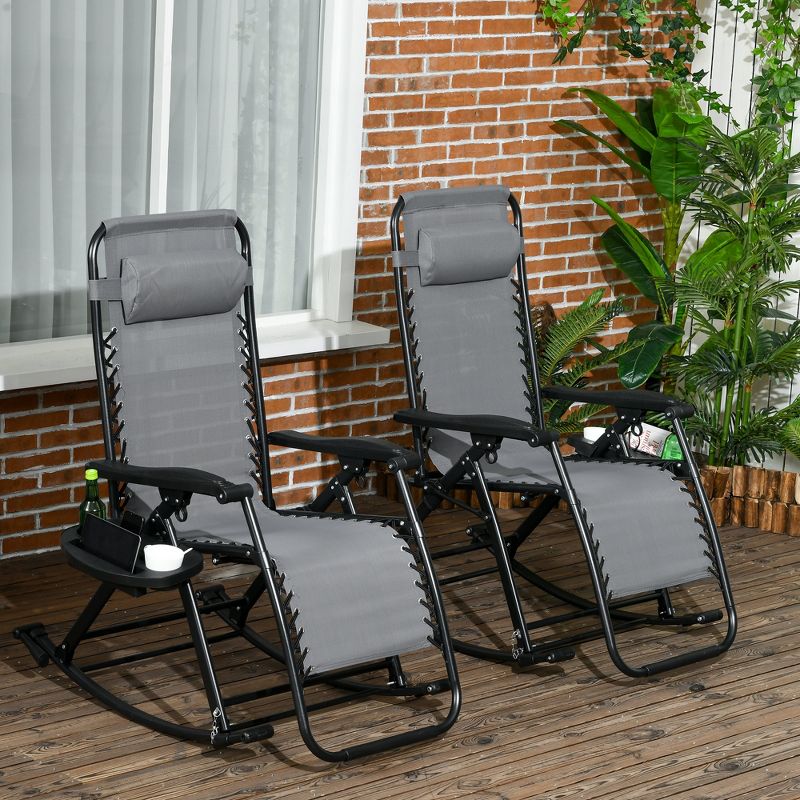 Outsunny 2 Outdoor Rocking Chairs Foldable Reclining Zero Gravity Lounge Rockers w/ Pillow Cup & Phone Holder, Combo Design w/ Folding Legs, Gray, 2 of 7