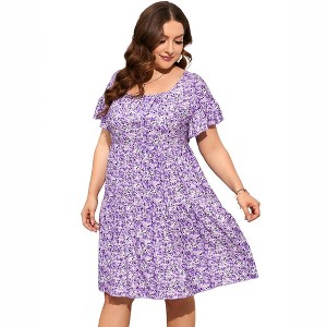 LXT- Women's Plus Size Square Neck Ruffle Sleeve Flowy Floral Summer Midi Dress with Pockets - 1 of 4