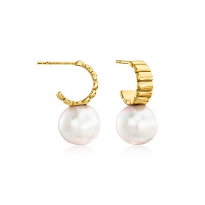 Ross-Simons 11.5-12mm Cultured Pearl Ridged C-Hoop Earrings in 18kt Gold Over Sterling