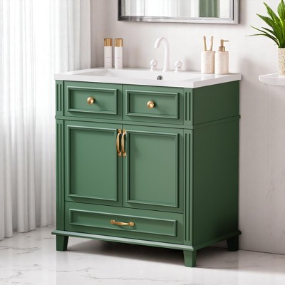 Mshliw 30'' Bathroom Vanity with Resin Sink, Solid Wood Frame Freestanding Storage Cabinet with Soft Closing Doors and Drawer, Retro Style