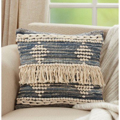 Blue Cotton Chindi Fringe Square Throw Pillow