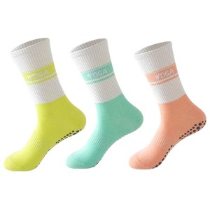 Anna-Kaci 3 Pairs Women's Non-Slip Yoga Crew Socks Soft Cotton Grip Sole Ribbed Cuff for Fitness - 1 of 4