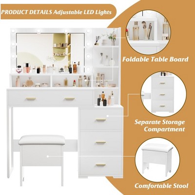 White Makeup Vanity Desk with Mirror, 5 Drawers and Shelves