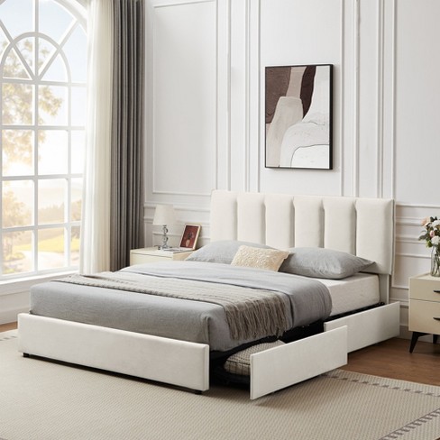 Vecelo Queen Size Upholstered Bed Frame With 4 Storage Drawers And ...