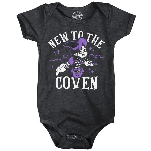New To The Coven Baby Bodysuit Funny Sarcastic Witch Graphic Novelty Halloween Jumper For Infants - Crazy Dog Baby Bodysuit For Halloween Season - 1 of 4