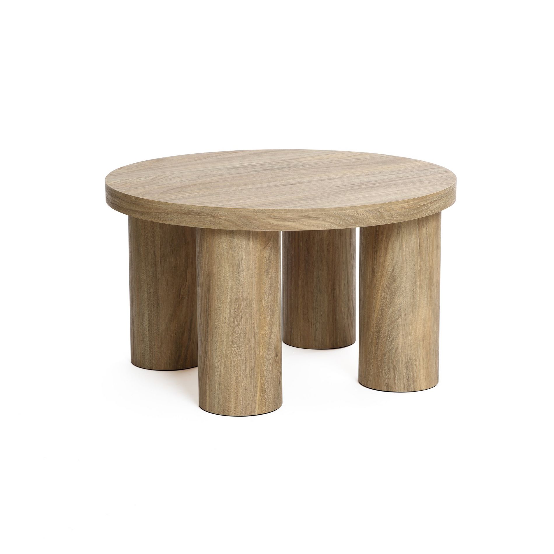 LuxenHome Round Wood Coffee Table with 4 Pillar Legs, 27.5" Modern Farmhouse Oak Finish Low Accent Table with Sturdy Base for Living Room Brown