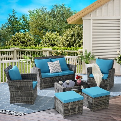 Outdoor 6 Piece Furniture Set, All Weather PE Rattan Sofa Set with Chairs and Table, Armrest Sofas With Cushions and Ottoman-Coolbibila