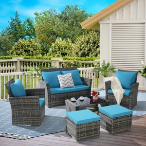 Outdoor 6 Piece Furniture Set, All Weather PE Rattan Sofa Set with Chairs and Table, Armrest Sofas With Cushions and Ottoman-Coolbibila - 1 of 4