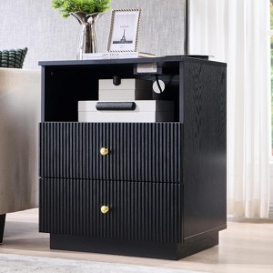 SinCiDo Fluted Nightstand w/Charging Station, 21.65" Modern Bedside Table w/2 Storage Drawers & Open Shelf, Wood End Table for Bedroom - 1 of 4