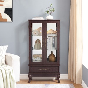 TIRAMISUBEST Lighted Glass Cabinet Glass Wine Cabinet Curio Display Cabinet with Adjustable Glass Shelves 2 Doors and 1 drawer Cabinet - 1 of 4