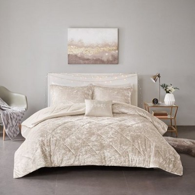 Sapphtopaz 4-Piece Blush Crushed Velvet Comforter Set, Diamond Quilted Full/Queen Quilt Set with 2 Shams & Decorative Pillow -Champagne