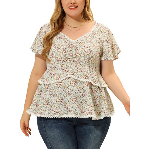 Agnes Orinda Women's Plus Size Tiered Floral Babydoll Sweetheart Neck  Ruffle Short Sleeve Blouses White 3X