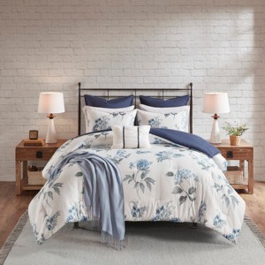 AENKYO 7-Piece Farmhouse Seersucker,Comforter Set with Throw Blanket, Floral Print Blue All-Season Bedding, Full/Queen,Size with Shams & Pillows - 1 of 4