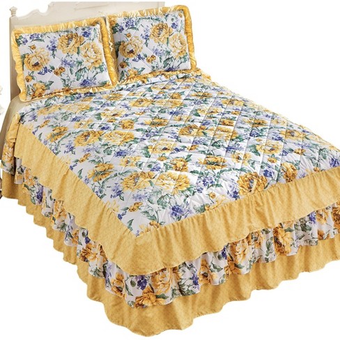 Hannah Yellow Floral Cascading Triple Ruffle Bedspread factory Full