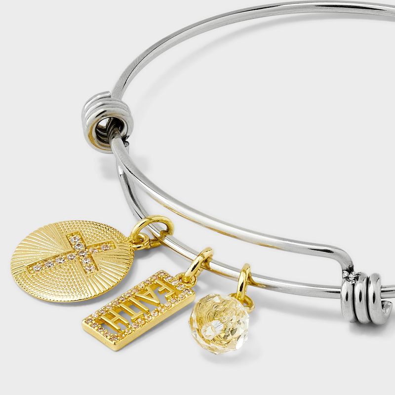 Stainless Steel with 14k Gold Dipped Two Tone &#34;Faith&#34; Cubic Zirconia Cross Medallion Bangle Bracelet - Gold/Silver, 3 of 4