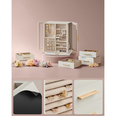 Cloud White MDF Rotating Jewelry Box with Glass Window and Velvet Lining