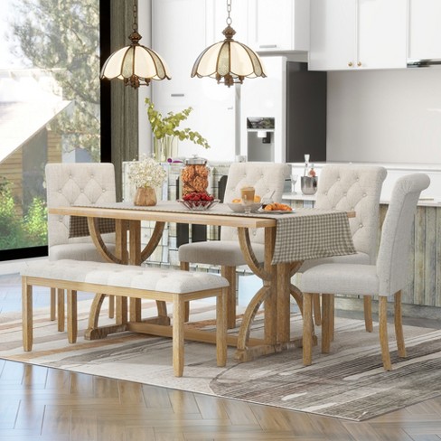 6 Pcs Retro Dining Table Set Rectangular Table With Unique Legs