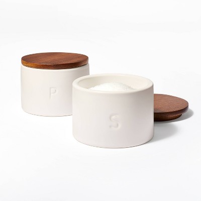 Set of 2 Stoneware Salt and Pepper Cellar with Wood Lid Cream - Figmint&#8482;