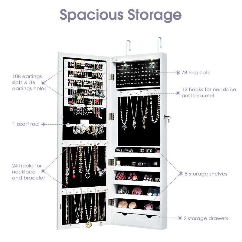 Tangkula Lockable Wall Door Mount Mirrored Cabinet Jewelry Organizer w/ LED Lights, 5 of 8