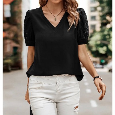 Women's V-Neck Sheer Puff Sleeve Blouse - ePretty
