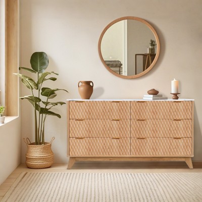 Bedroom Chest of Dresser Wood, 54" Drip Pattern Six-Drawer Chest with Faux Marble Top, Wide Wood Farmhouse Dresser, Drawer Storage Organizer