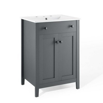 Modway Nantucket Bathroom Vanity Cabinet – 24" with White Sink, Gray – Compact Freestanding Vanity with Sink Top and Storage Drawer