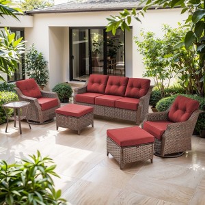 POCASSY 6PCS Outdoor Furniture Set with 6" Thick Cushion, Outdoor Sofa Couch Set with Swivel Chairs and Ottoman, Brown Wicker Patio Furniture Set - 1 of 4