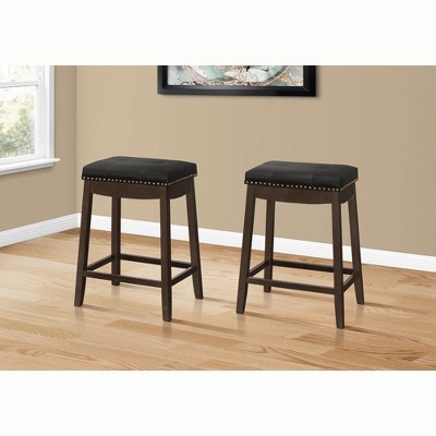 Monarch Specialties Bar Stool Set Of 2 Counter Height Saddle Seat Kitchen Wood Pu Leather Look Black Brown Transitional