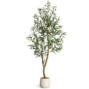 5FT(1pcs) Artificial Olive Tree, UV Resistant Fake Realistic Olive Tree in White Pot with Olives, Moss Decors,  for Front Door Living Room Garden - 1 of 4