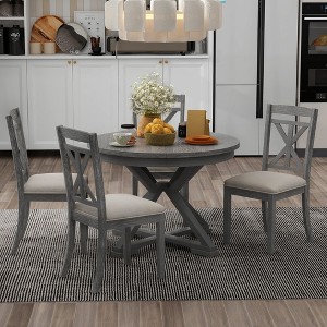 Merax 5-Piece Retro Dining Set with Extendable Round Table, 12-Inch Leaf, and Upholstered Chairs - 1 of 4