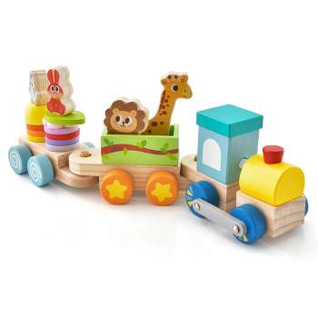 Costway Wooden Stackable Train Set Kids Educational Fun Cars with Animal Toys & Locomotive