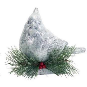 Melrose 8.75" Gray and Green Cardinal Perched on Log with Pine Cones Christmas Tabletop Decor