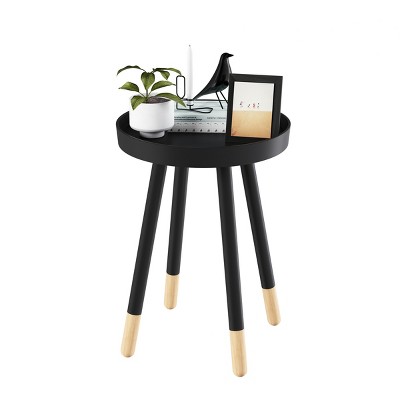 Black and Natural Wood Round Tray Top End Table