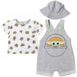 Star Wars Chewbacca R2-D2 Yoda Baby French Terry Short Overalls T-Shirt and Hat 3 Piece Outfit Set Newborn to Infant 