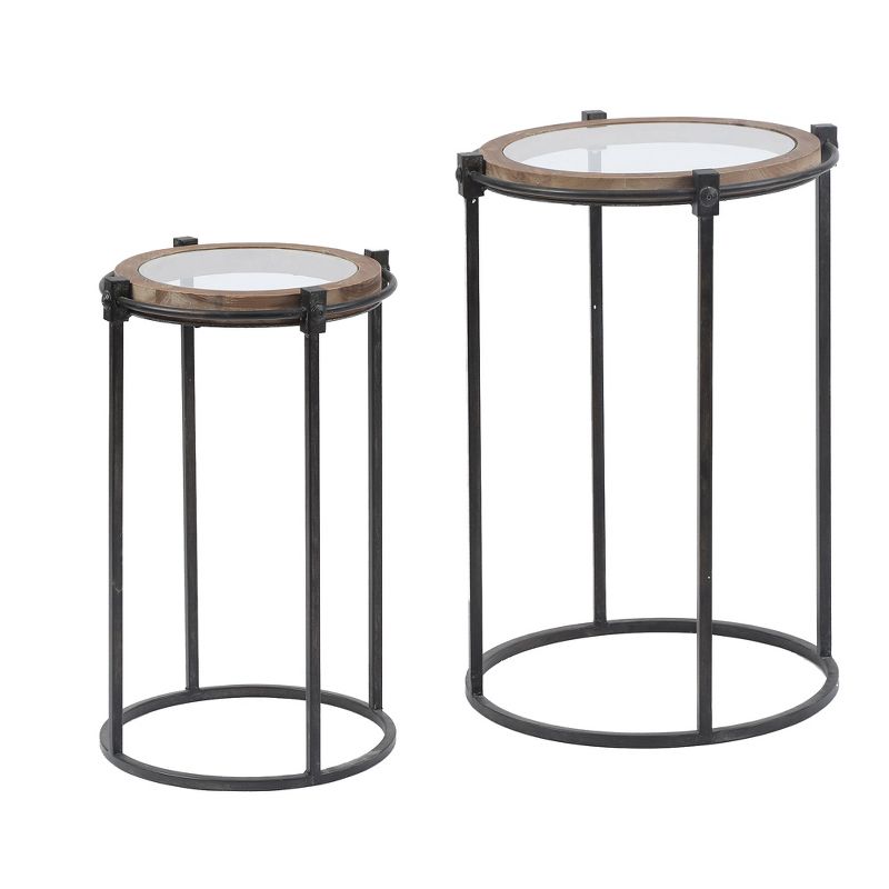 LuxenHome 2-Piece Metal and Glass Round Accent Drink Table. Brown, 1 of 10