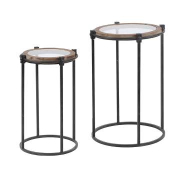 LuxenHome 2-Piece Metal and Glass Round Accent Drink Table. Brown