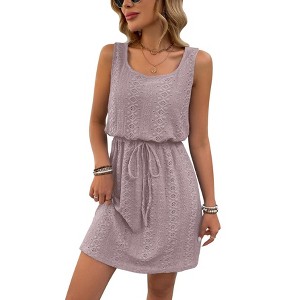 Coolmee Spring Summer Midi Tank Dresses for Women Square Neck Sleeveless  Hollow Out Textured Drawstring Dress 2XL Pink Purple