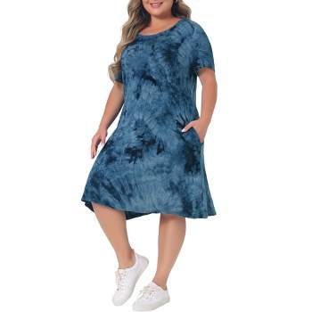 Agnes Orinda Women's Plus Size Round Neck Tie Dye Short Sleeve Pocket Swing Casual Midi T-Shirt Dresses