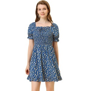 Allegra K Women's Square Neck Puff Sleeve Smocked Floral Ruffled Hem Dress - 1 of 4