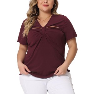Agnes Orinda Women's Plus Size Ribbed Knit Cut-Out Twist Knot V Neckline Short Sleeve T-Shirt - 1 of 4