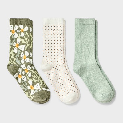 Women's Floral 3pk Crew Socks - A New Day™ Green/Ivory 4-10