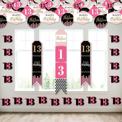 Big Dot of Happiness Chic 13th Birthday - Pink, Black and Gold - Wall and Door Hanging Decor - Birthday Party Room Decoration Kit