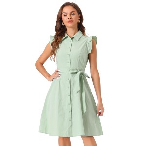 Allegra K Women's Cotton Ruffled Cap Sleeve Tie Waist Button Casual Office Shirt Dress - 1 of 4