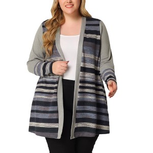 Agnes Orinda Women's Plus Size Long Open Front Striped Contrast Casual Knit Cardigans - 1 of 4