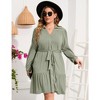 Women's Plus Size Long Sleeve Dress V Neck Button Front Belted Shirt Dress A Line Ruffle Midi Dress - 2 of 4