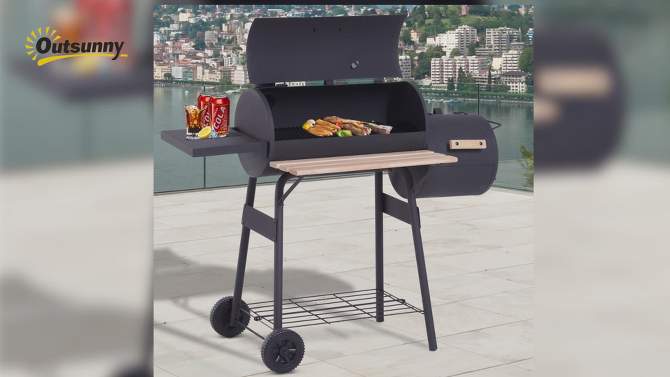 Outsunny 48" Steel Portable Backyard Charcoal BBQ Grill and Offset Smoker Combo with Wheels, 2 of 10, play video
