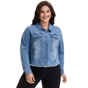 Women's Plus Size Corpped Denim Long Sleeve Button Down Casual Jean Jackets with Pockets - Agnes Orinda - 1 of 4