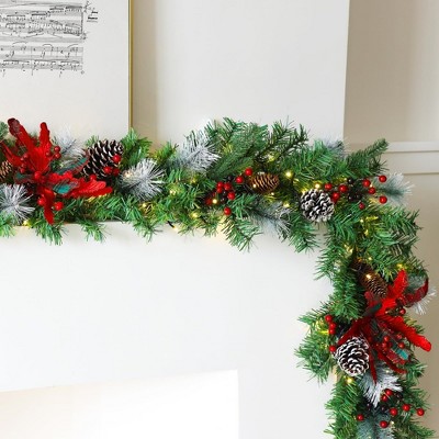 MOEPISY 9 Ft Pre-Lit Christmas Garland with Lights (Red Flower)